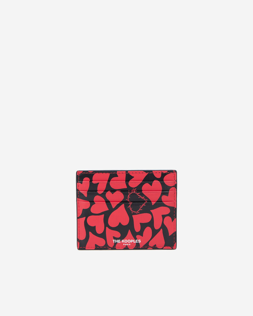 The Kooples WOMEN BLACK WHITE black leather card holder with hearts print
