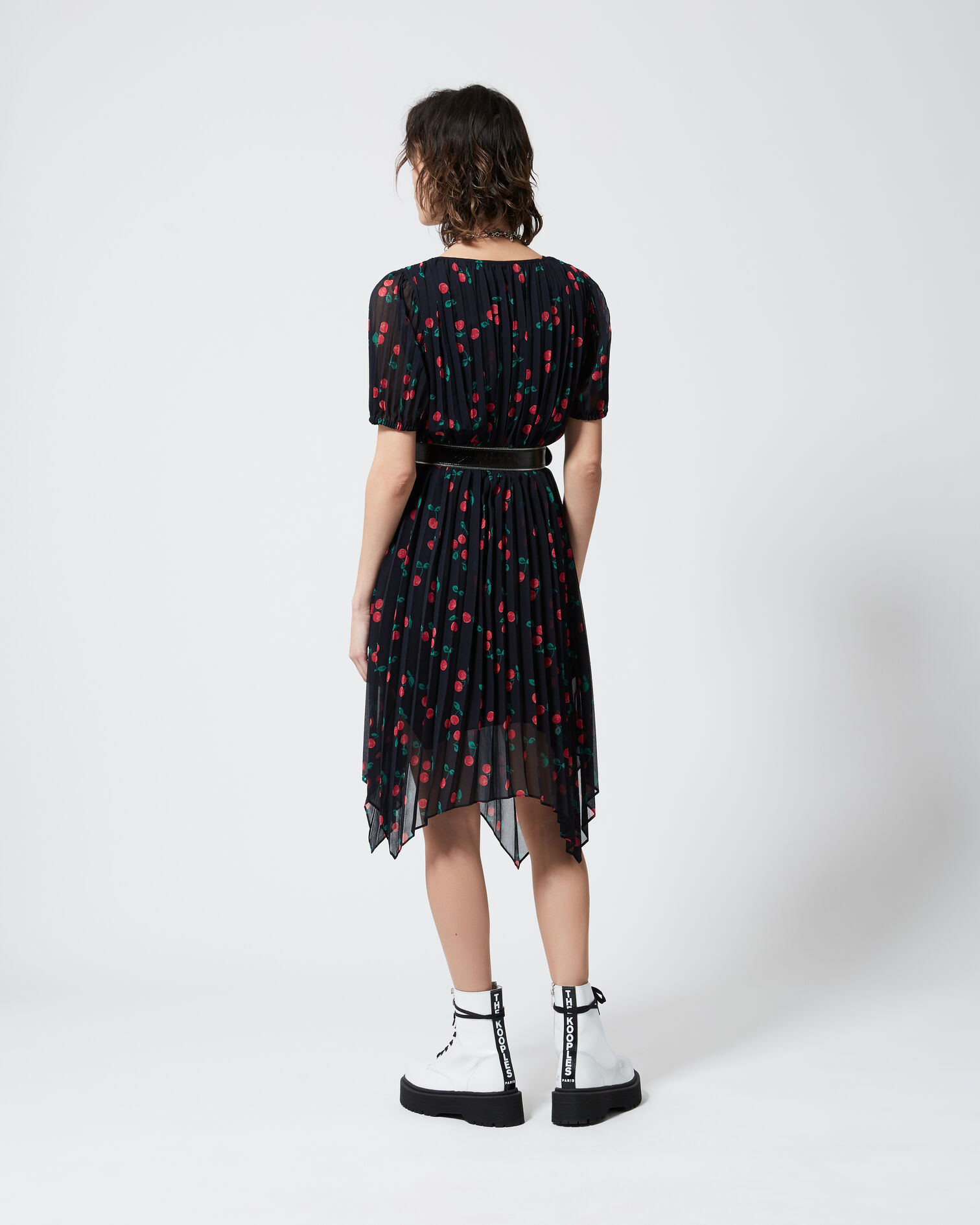 Pleated navy blue short formal dress w/motif, NAVY, hi-res image number null