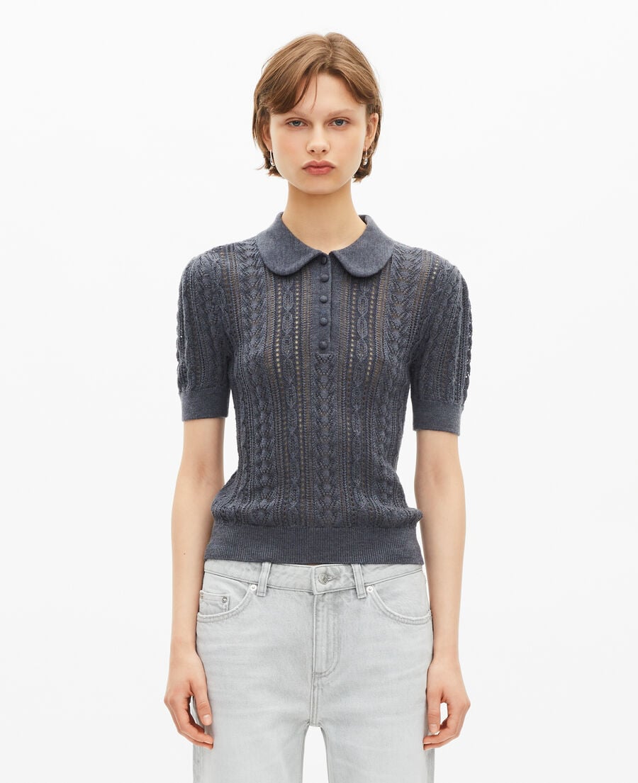 The Kooples DAMEN ANTHRACITE kurz&auml;rmeliger pullover aus grauer merinowolle