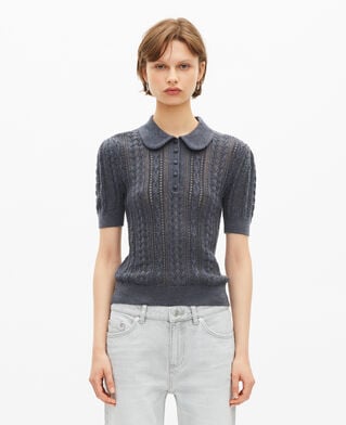 The Kooples DAMEN ANTHRACITE kurz&auml;rmeliger pullover aus grauer merinowolle