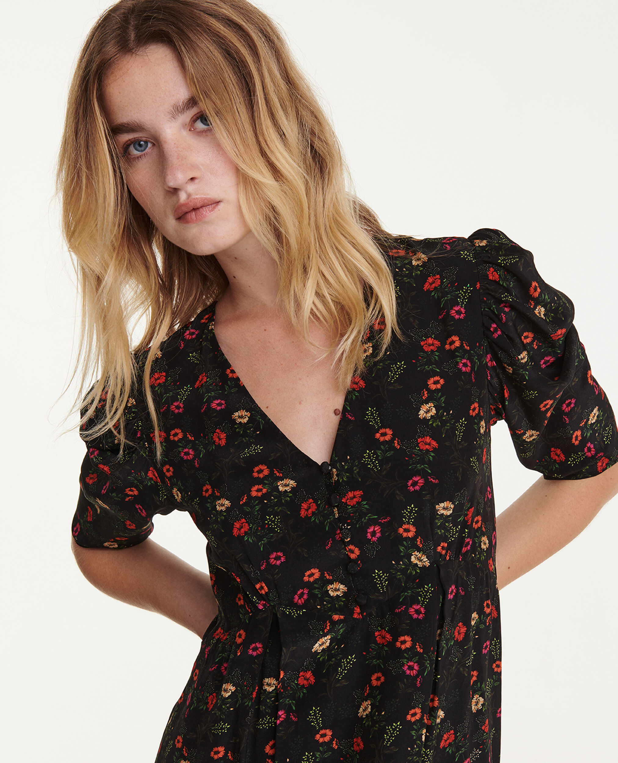 Short printed dress with gathered shoulders, MULTICOLOR, hi-res image number null