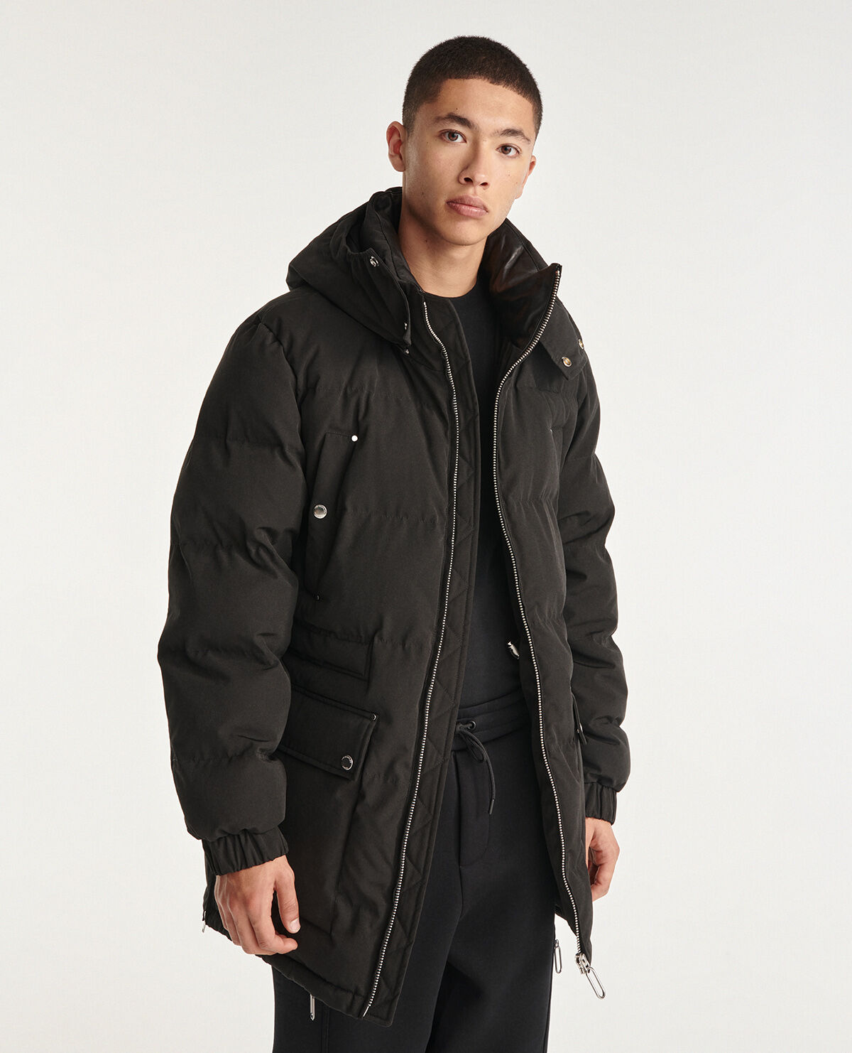 Long black nylon parka with removable hood | The Kooples US