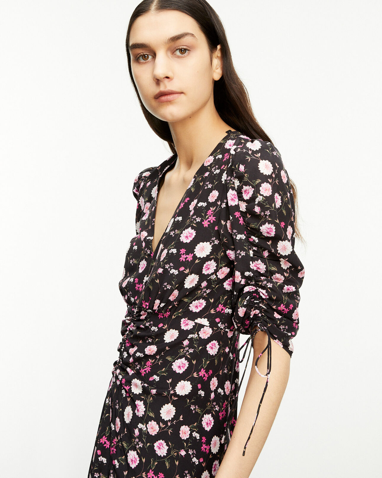 The Kooples FEMME BLACK / PINK robe longue noire et rose imprimé fleuri
