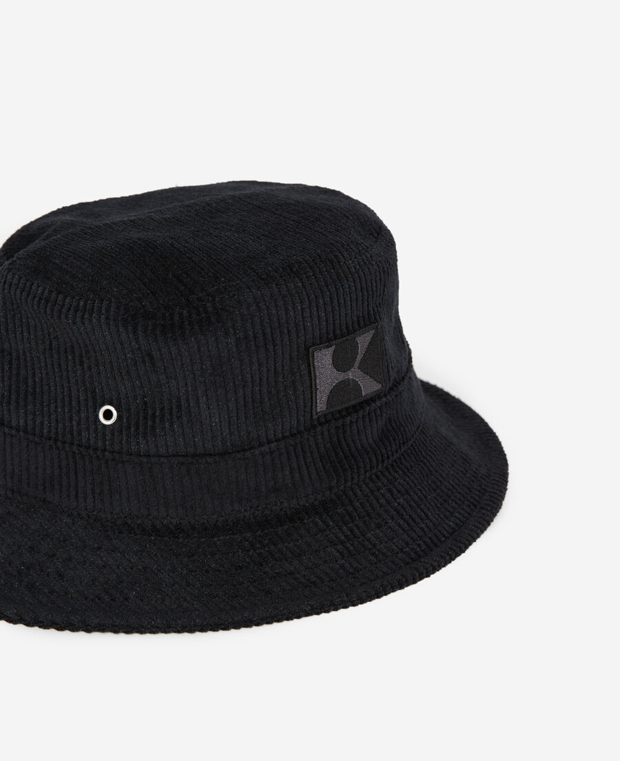 black corduroy bucket hat with embroidered k