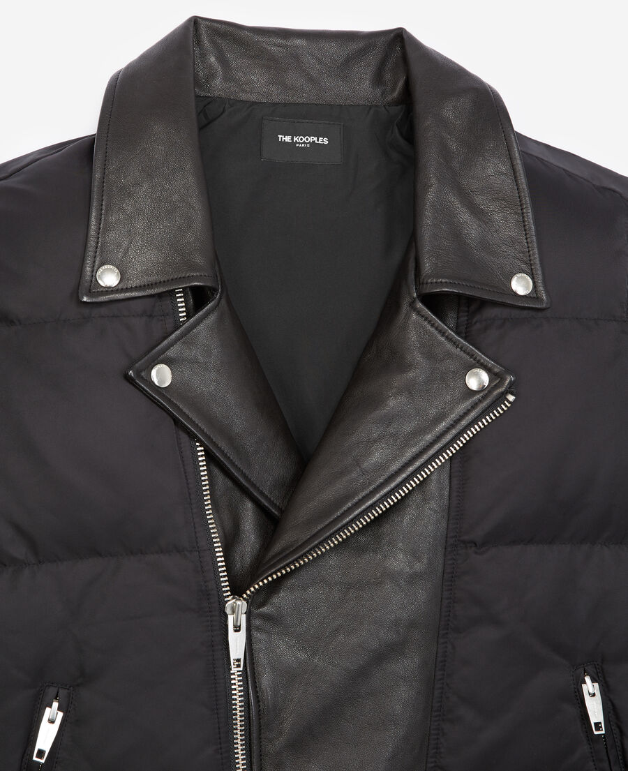 quilted black down jacket with leather detail