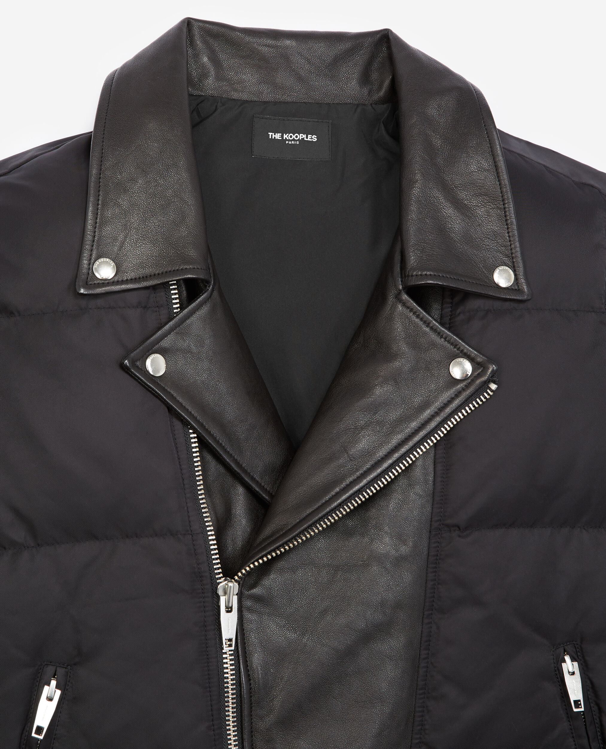 Quilted black down jacket with leather detail | The Kooples - US