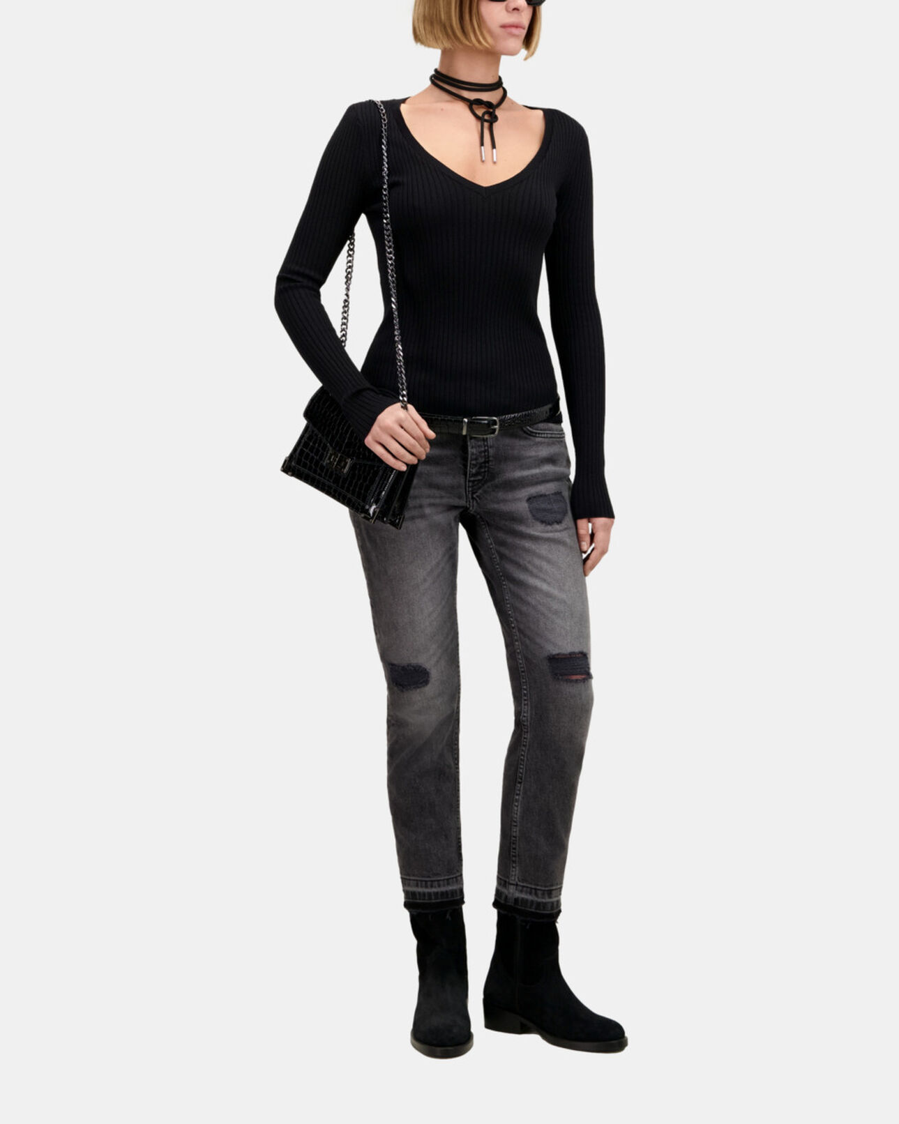 The Kooples DAMEN BLACK schwarzer pullover aus feinem rippstrick