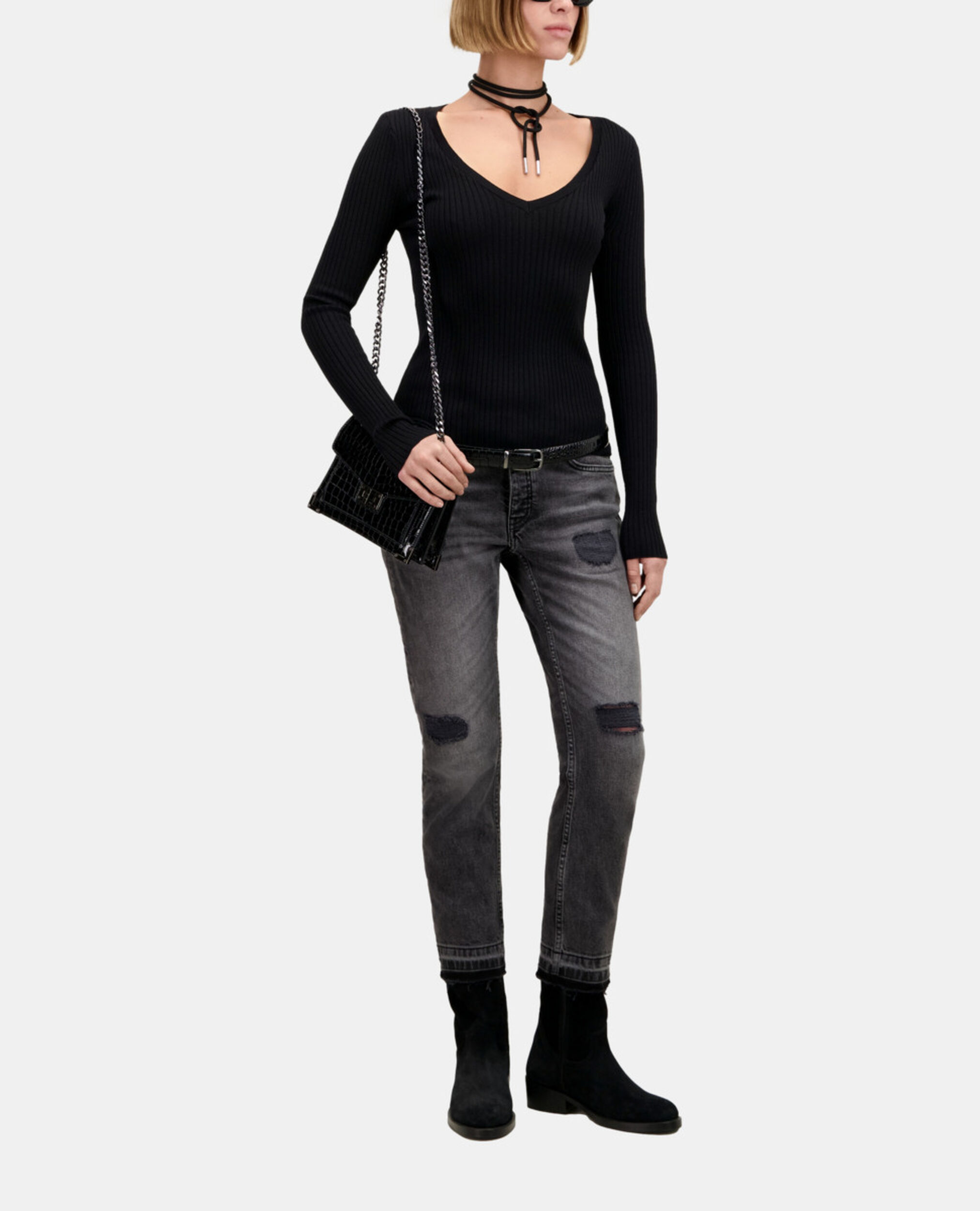 Black ribbed fine knit sweater, BLACK, hi-res image number null