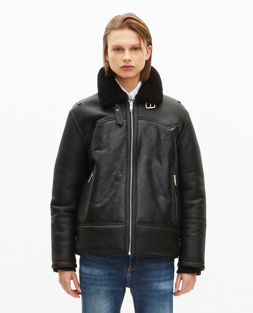 The Kooples FEMME BLACK peau lainée courte col sherpa noire