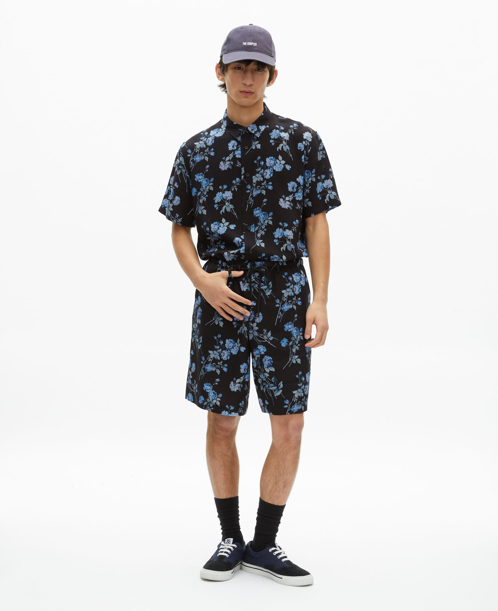 The Kooples MEN BLACK BLUE 'neon roses' print bermuda shorts