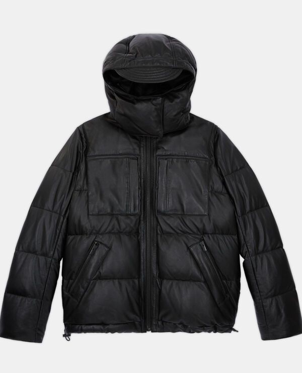 black leather down jacket with straps and logo