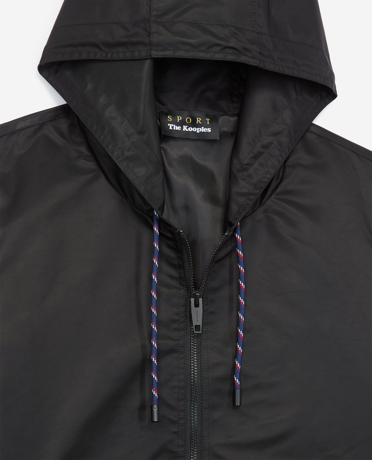 Black hooded jacket with tricolour ribbing