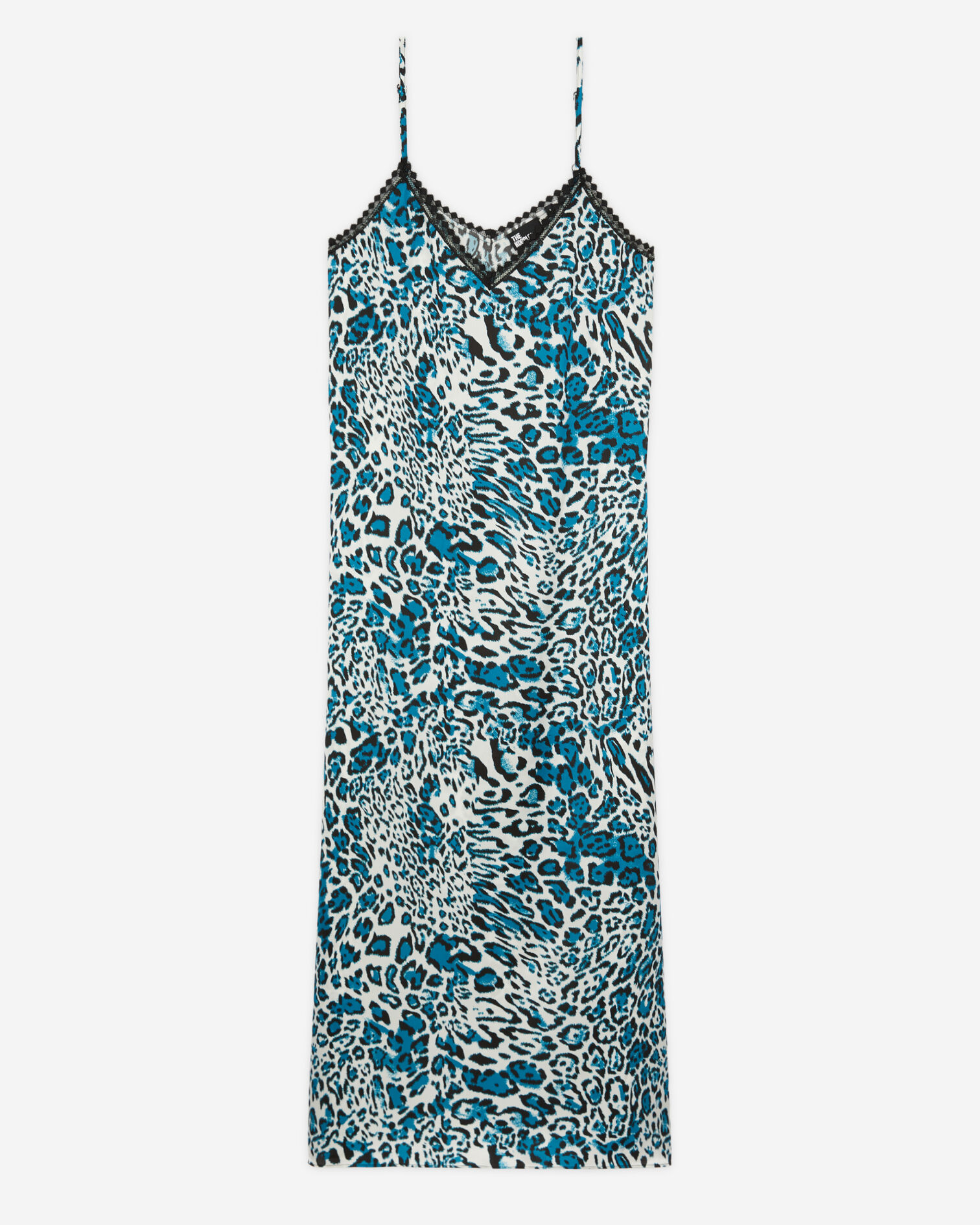 Robe nuisette longue en soie imprimée avec détails en dentelle, BLUE WHITE, hi-res image number null