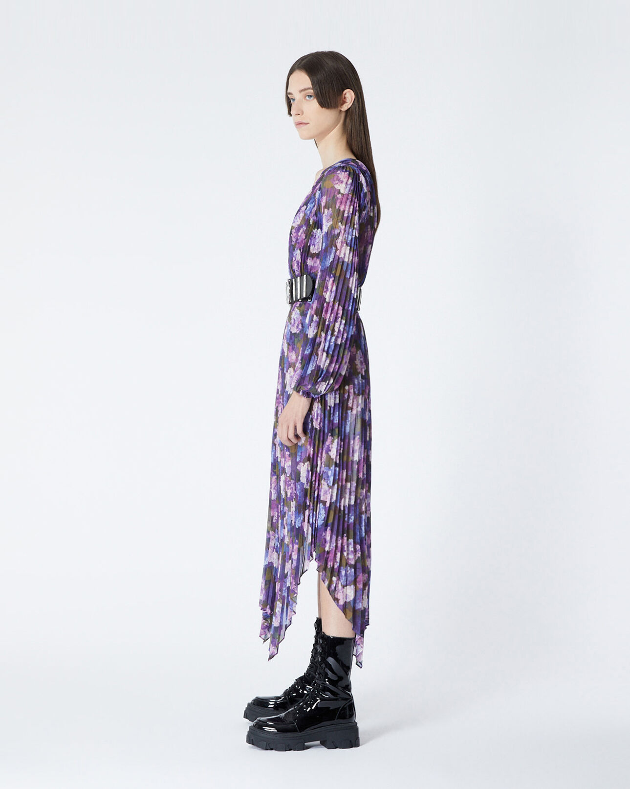 The Kooples DAMEN MULTICOLOR plissiertes langes kleid mit lila print