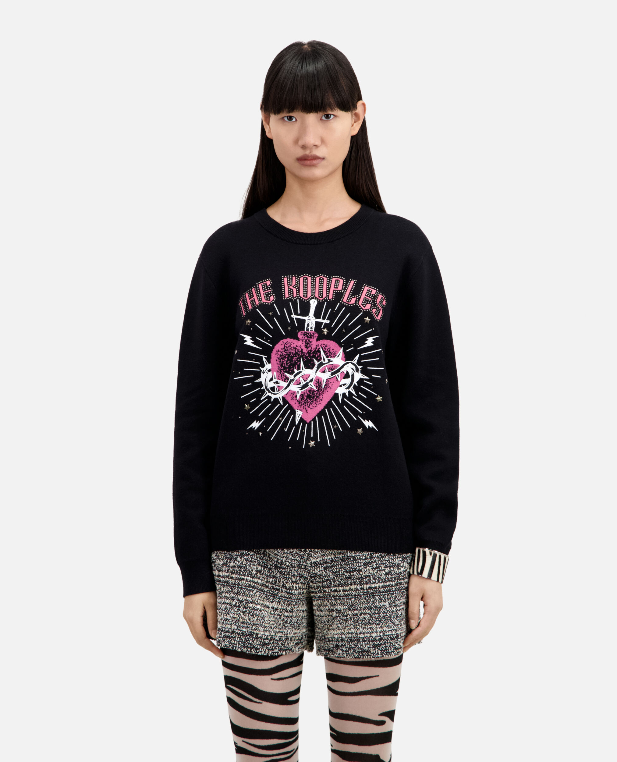 Dagger through heart black jumper with stars, BLACK WHITE, hi-res image number null