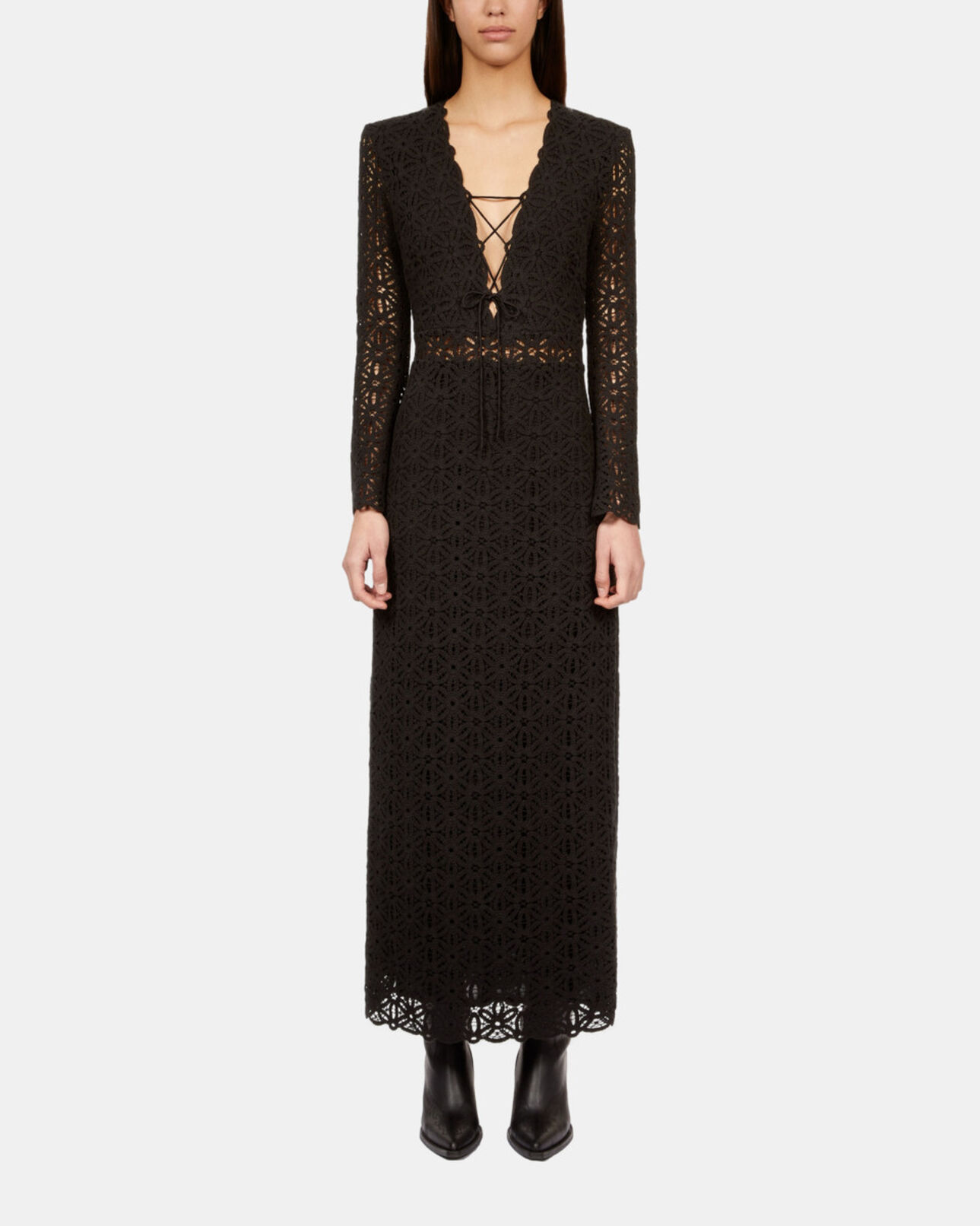 The Kooples MUJER BLACK vestido largo negro guipur