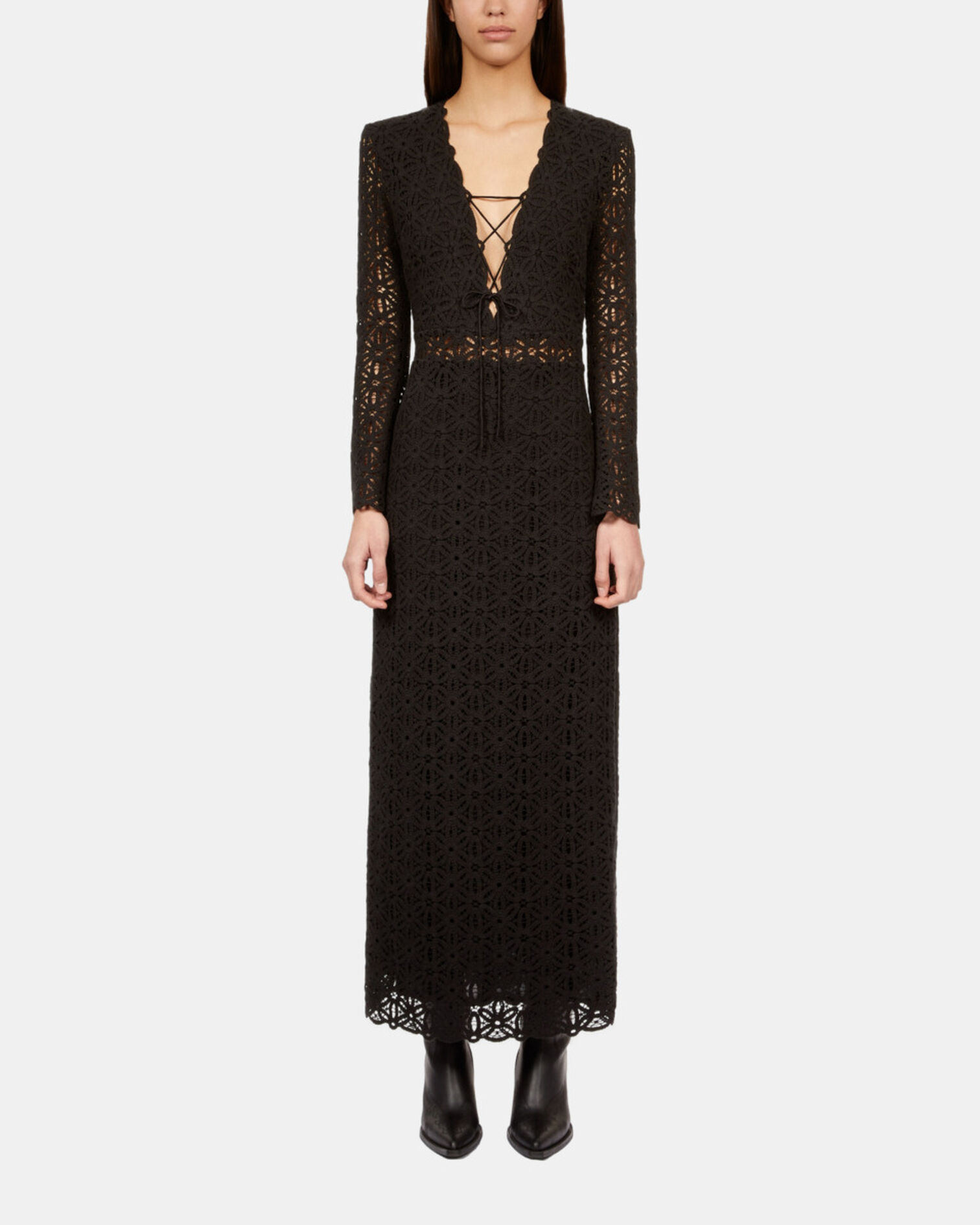 Vestido largo negro guipur, BLACK, hi-res image number null