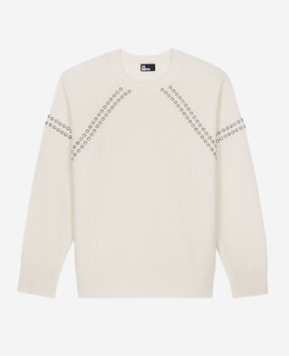 The Kooples F ECRU ecru ribbed wool and cashmere sweater with studs