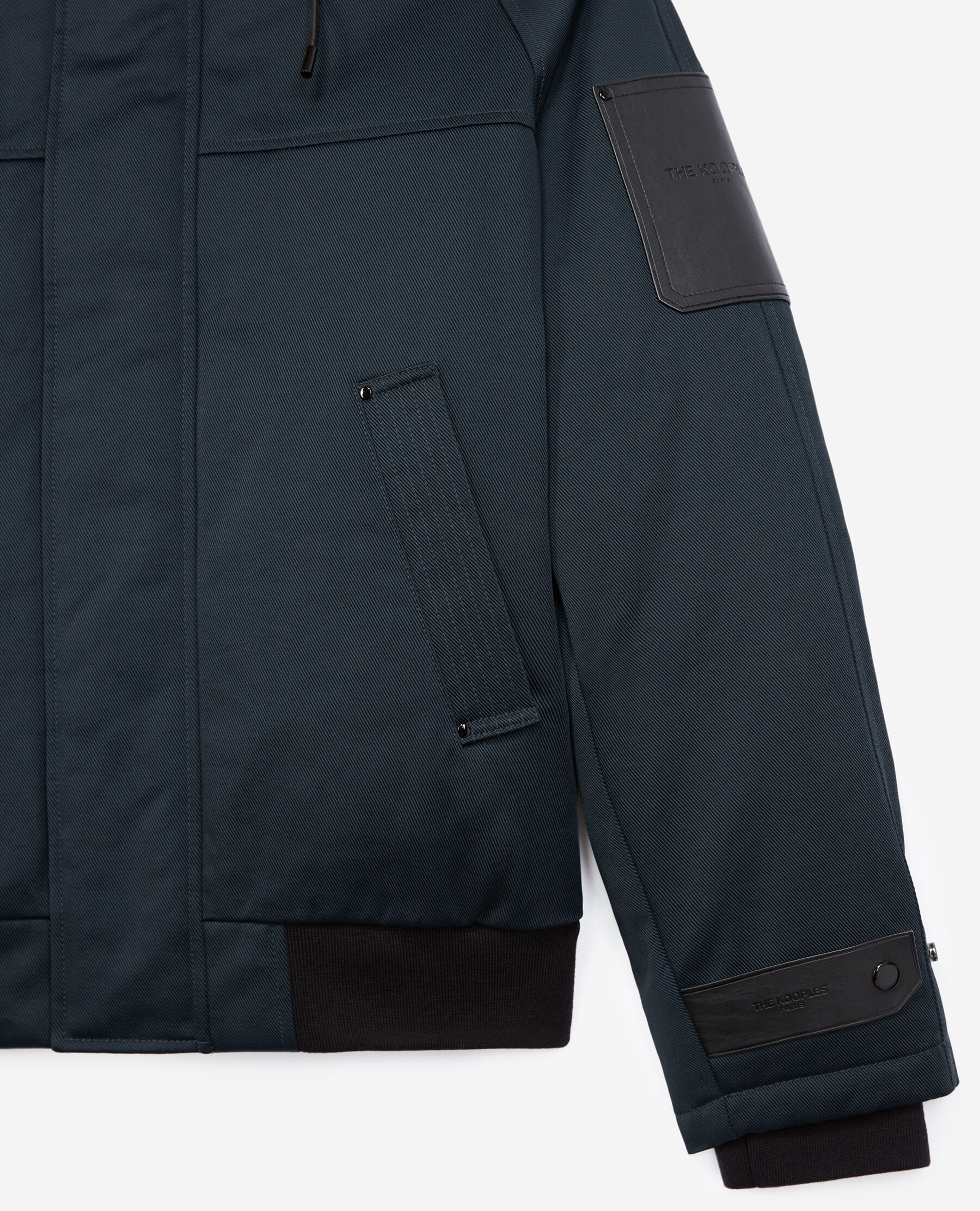 Navy blue down jacket in cotton with leather