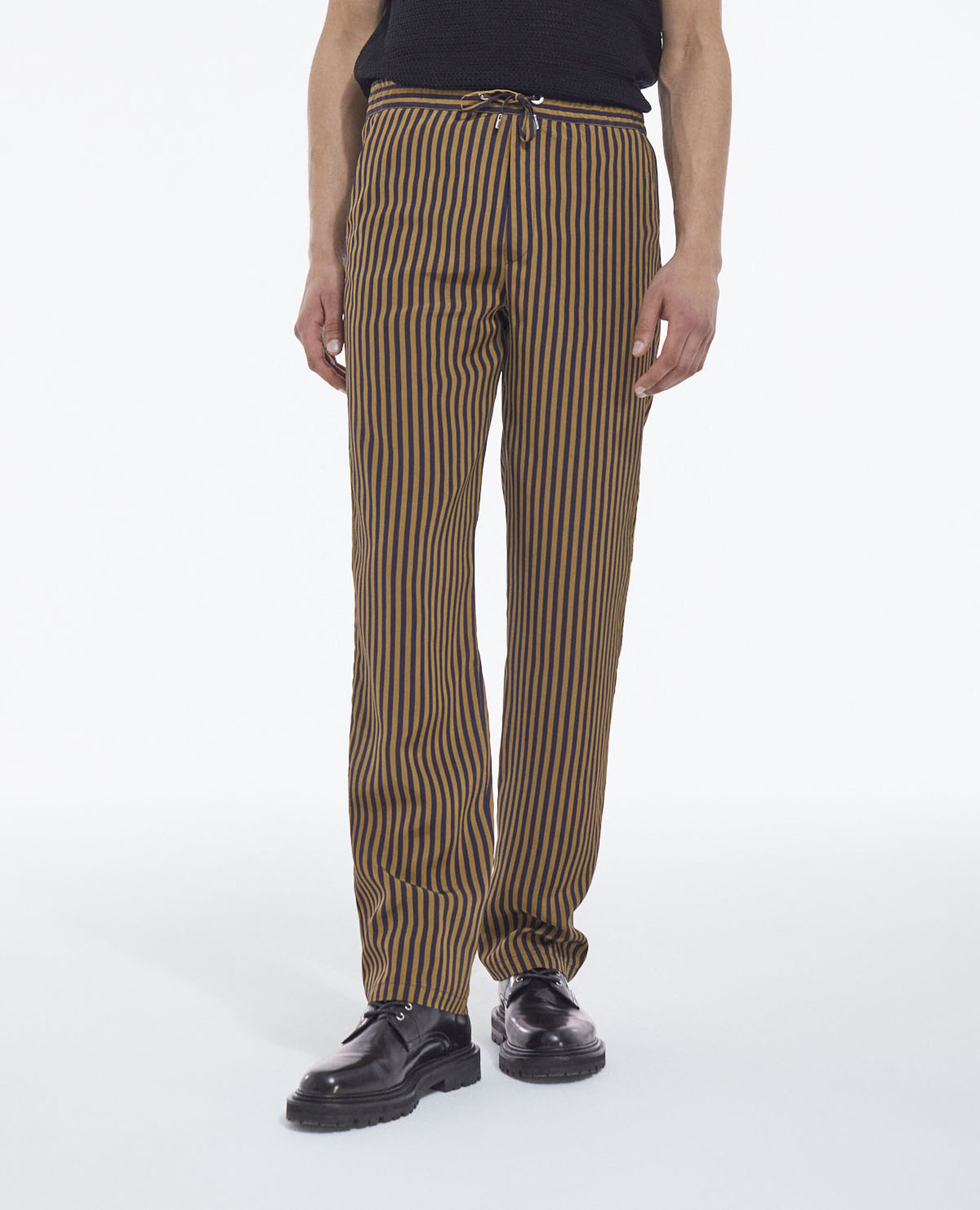 Flowing straight-cut striped blue pants, NAVY / BROWN, hi-res image number null