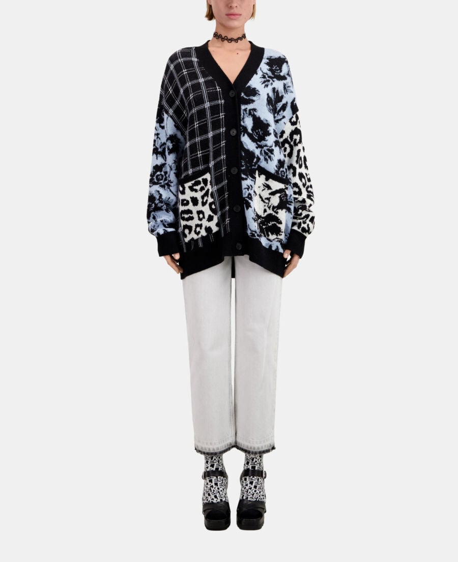 The Kooples DAMEN BLUE MELANGE / BLACK patchwork-cardigan aus einer wollmischung