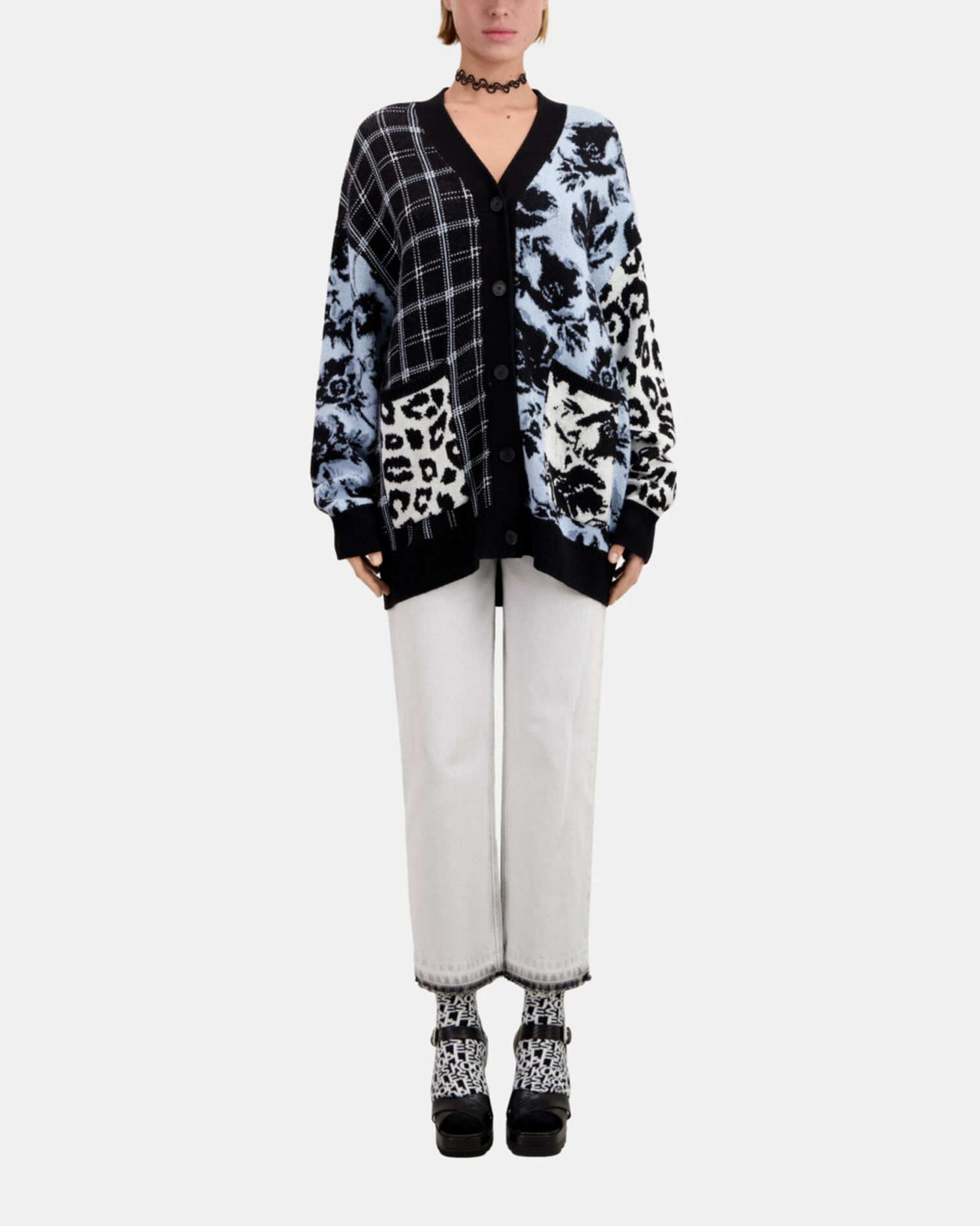 Cardigan avec patchwork en laine mélangée, BLUE MELANGE / BLACK, hi-res image number null