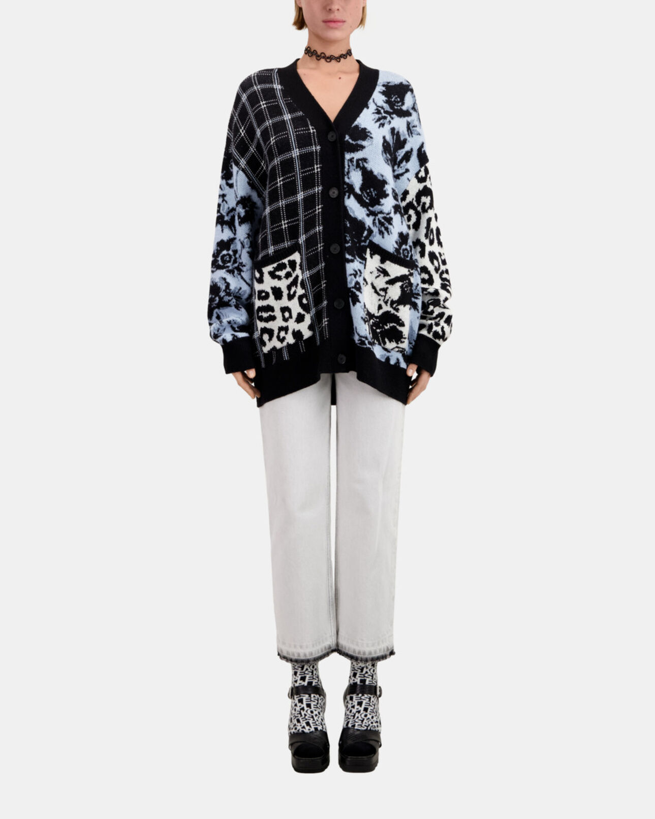 The Kooples FEMME BLUE MELANGE / BLACK cardigan avec patchwork en laine mélangée
