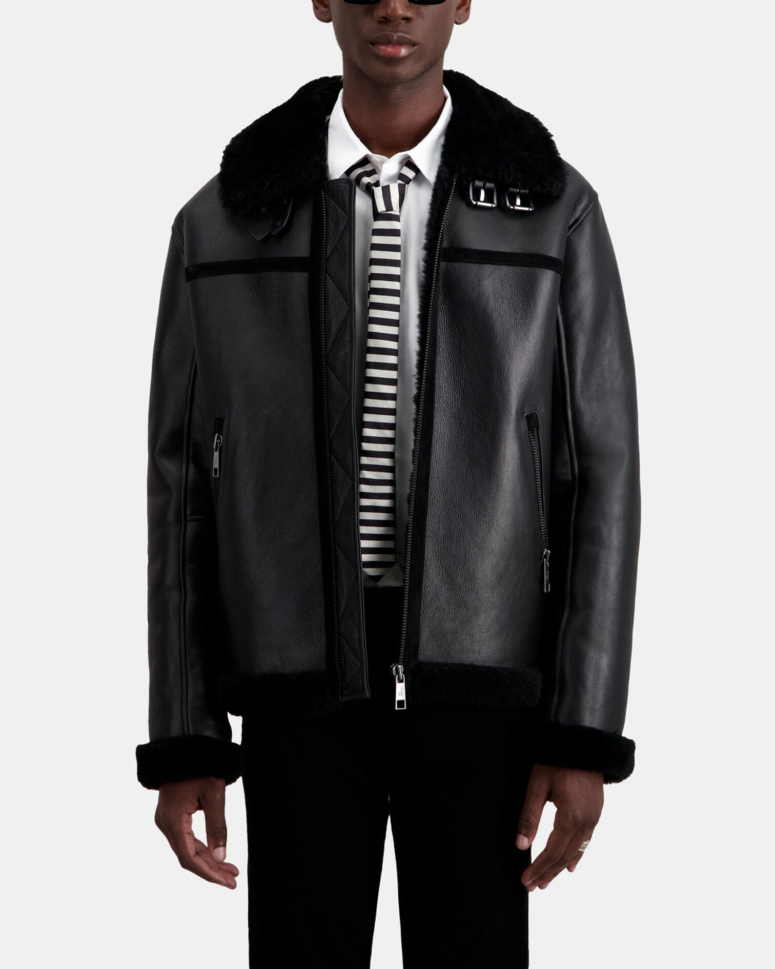 Black shearling jacket, BLACK, hi-res image number null