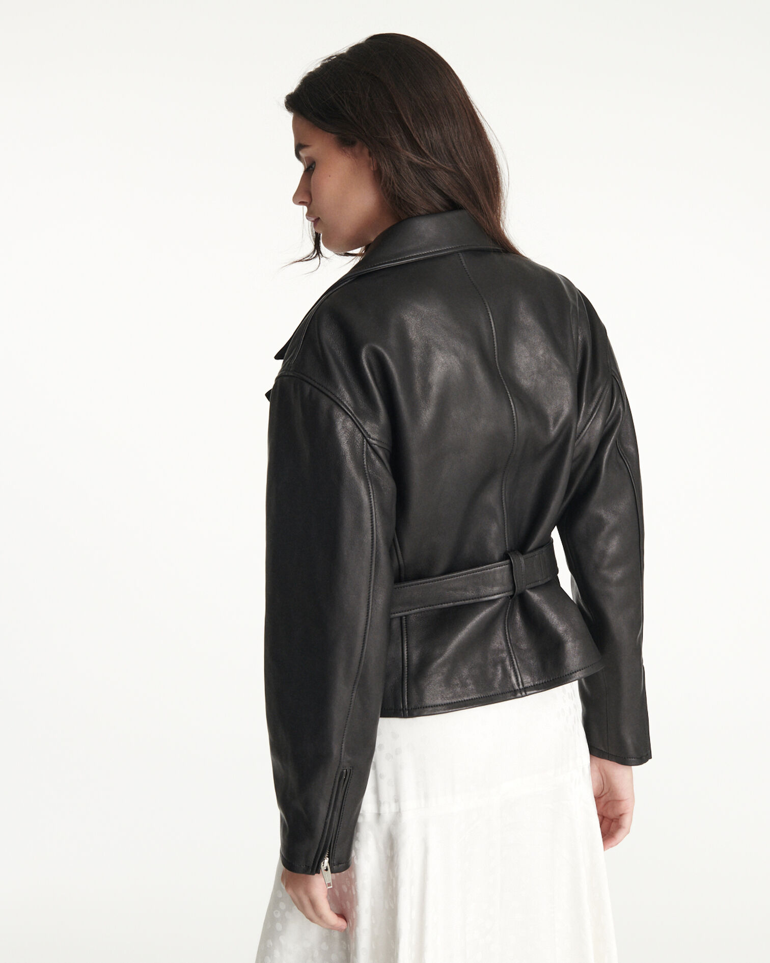 Belted biker-style black leather jacket, BLACK, hi-res image number null