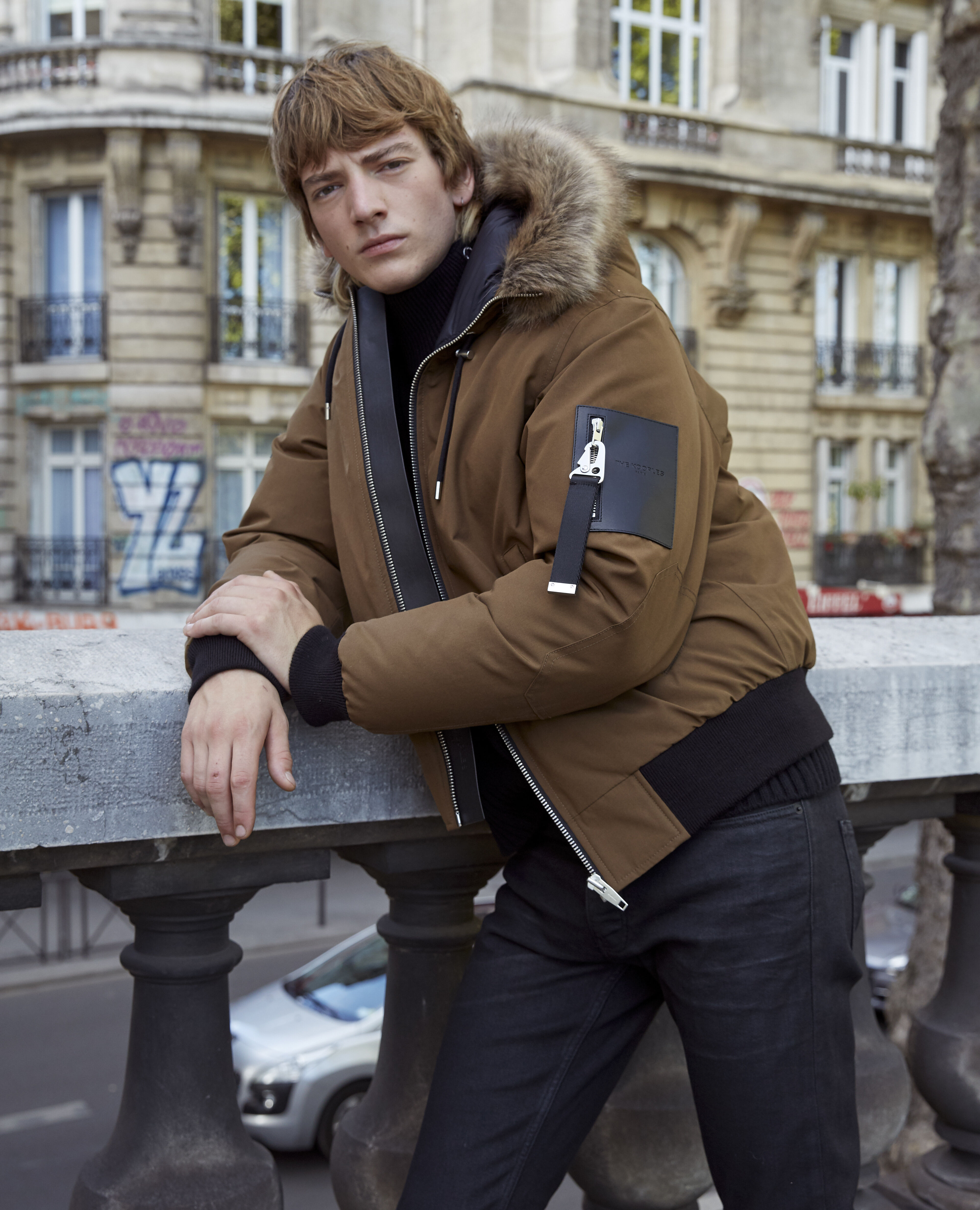 Short nylon camel down jacket with hood The Kooples US