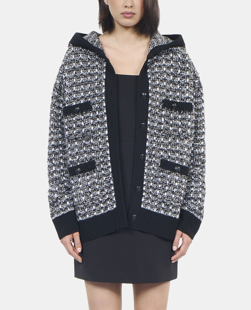 The Kooples FEMME BLACK / WHITE cardigan à capuche en tweed noir et blanc