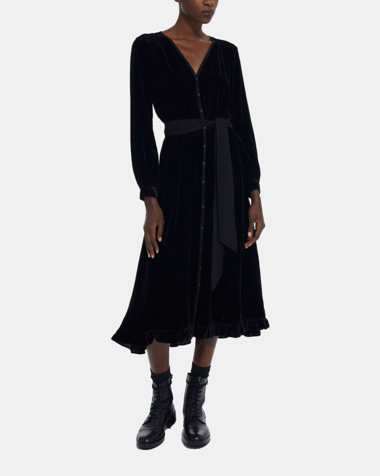 The Kooples DAMEN BLACK langes kleid aus schwarzem velours