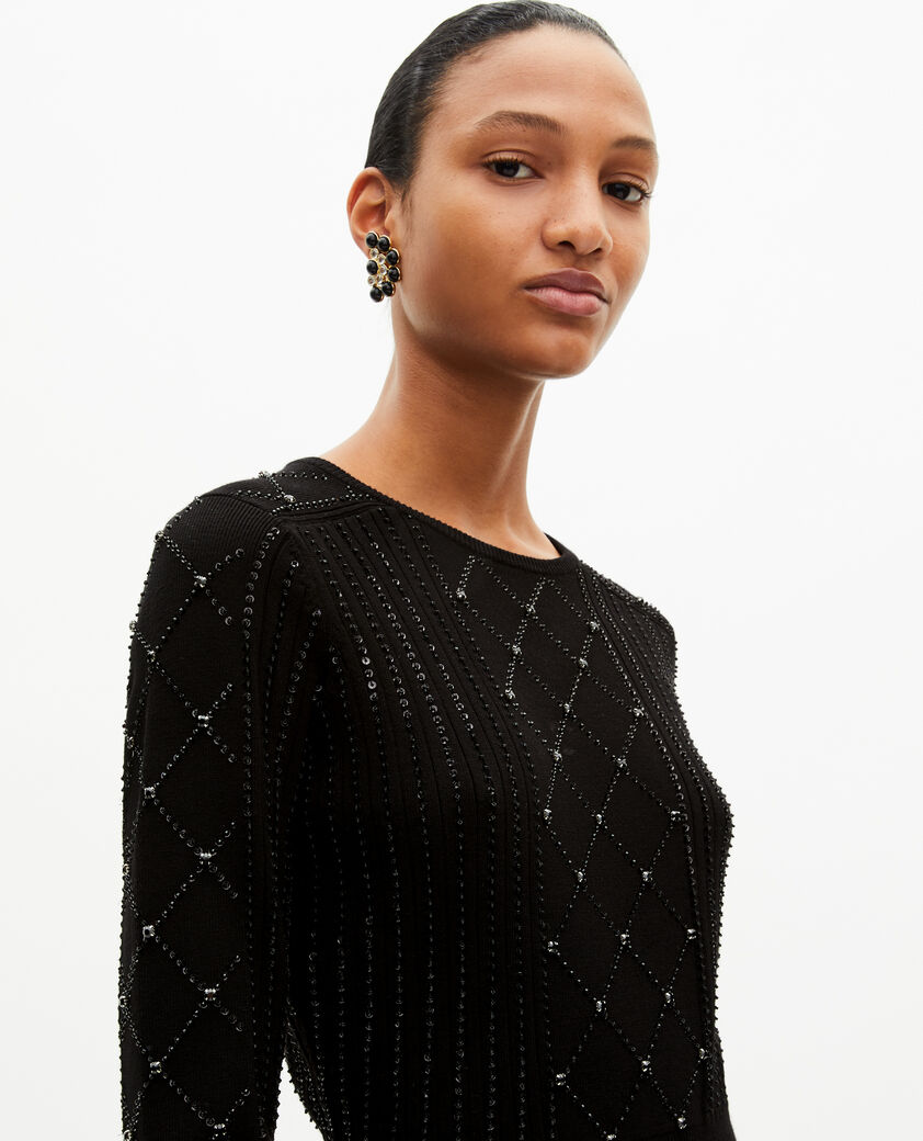 The Kooples WOMEN BLACK short knitted dress with rhinestones and pearls, black