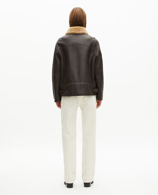 The Kooples FEMME BROWN peau lainée courte avec col sherpa marron