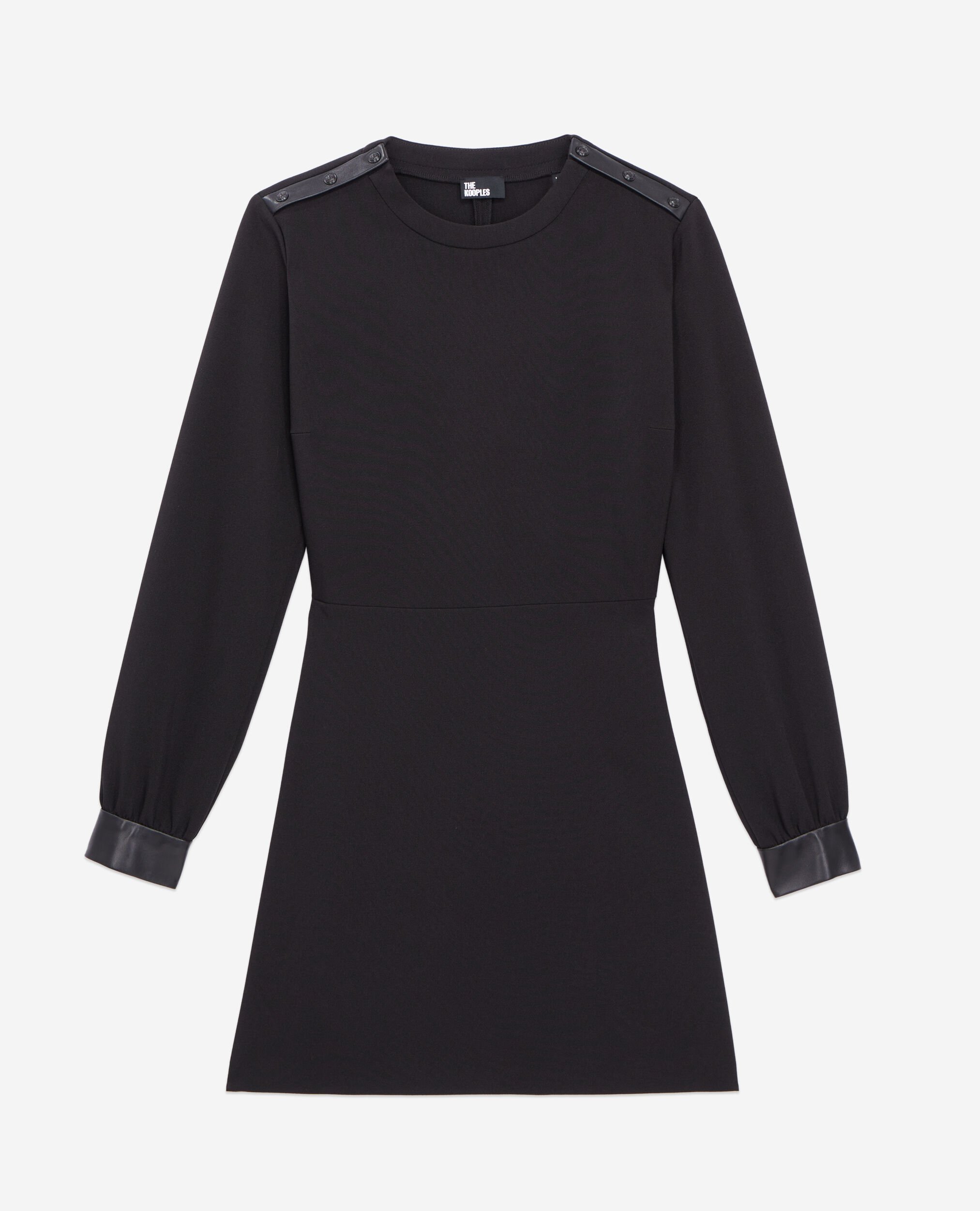 Short crepe dress with leather details, BLACK, hi-res image number null