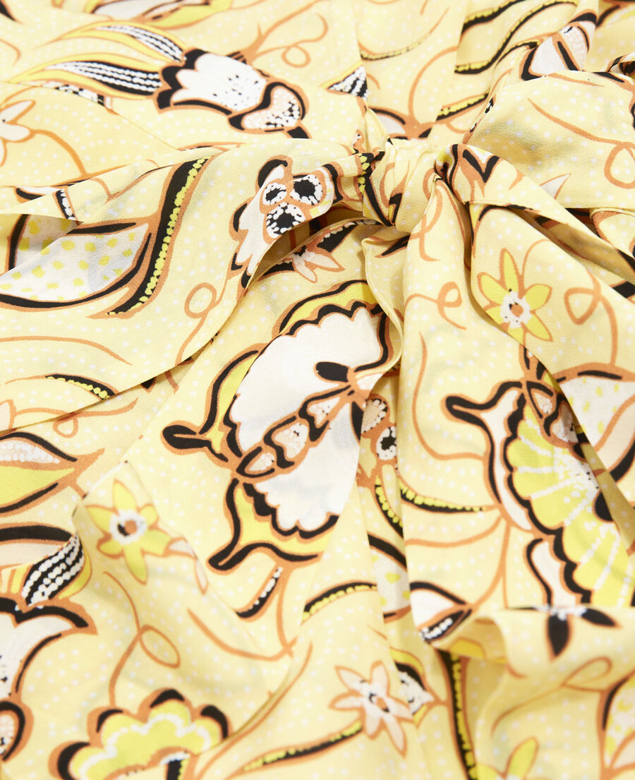 long yellow wrap dress with floral motif