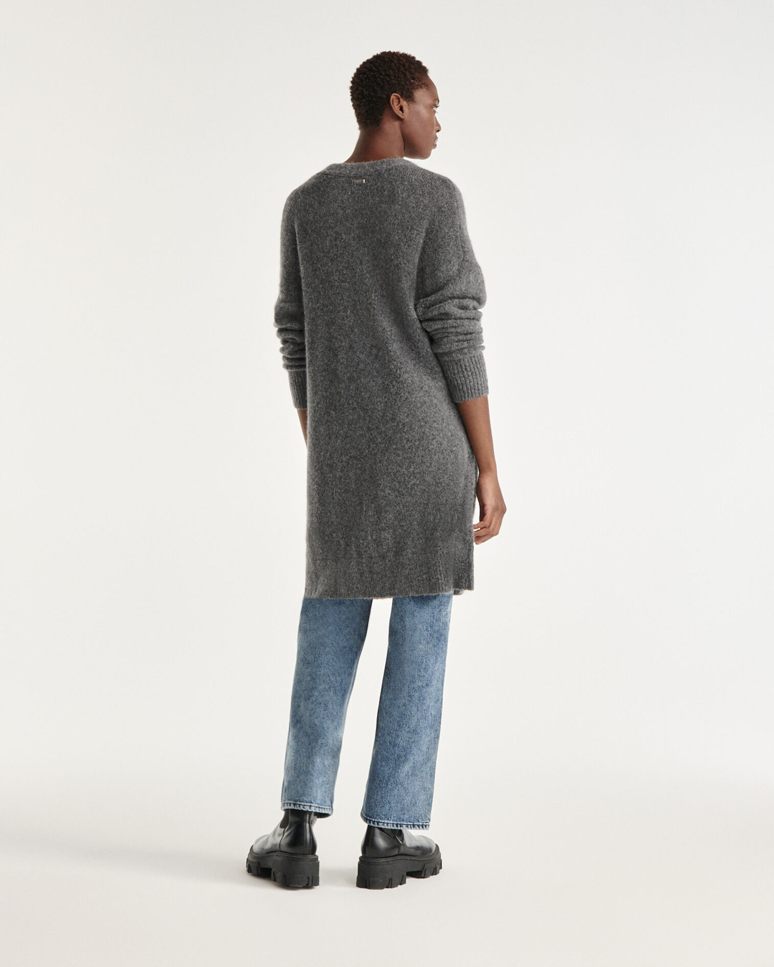 Long dark gray wool and alpaca cardigan, DARK GREY, hi-res image number null