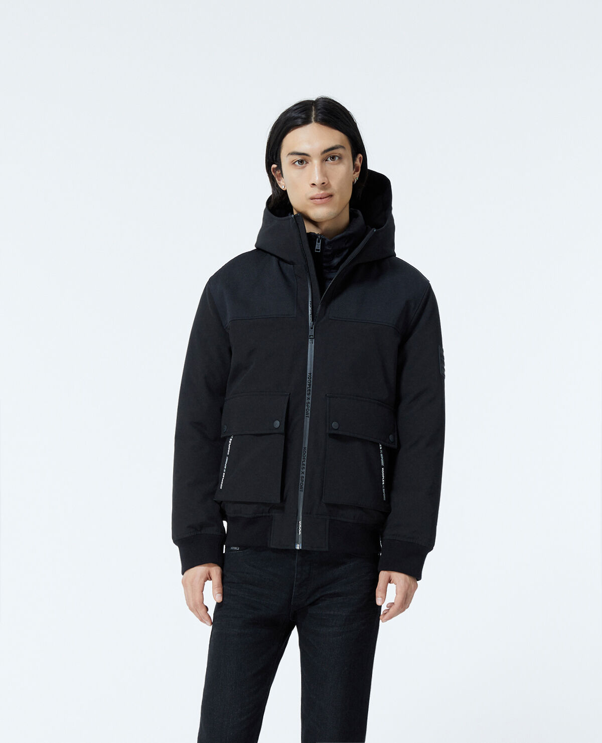 Black cotton down jacket with textured detail