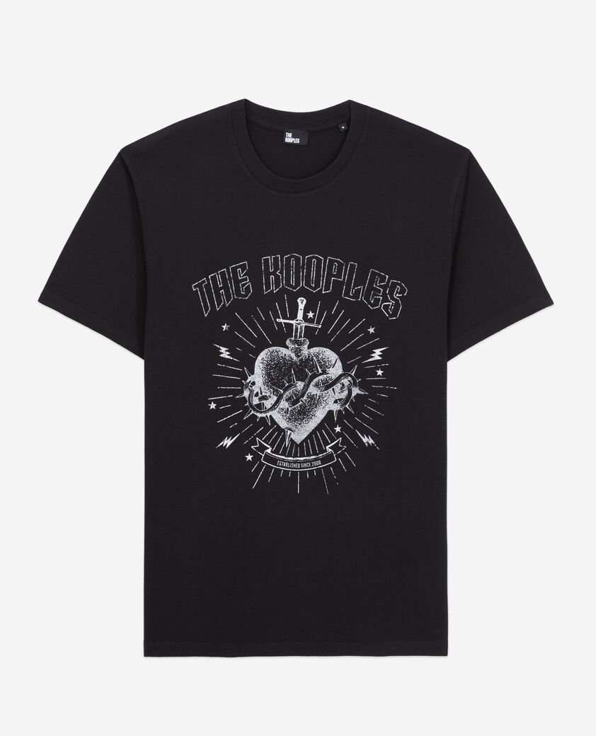 The Kooples H BLACK WASHED men's black t-shirt with dagger through heart serigraphy