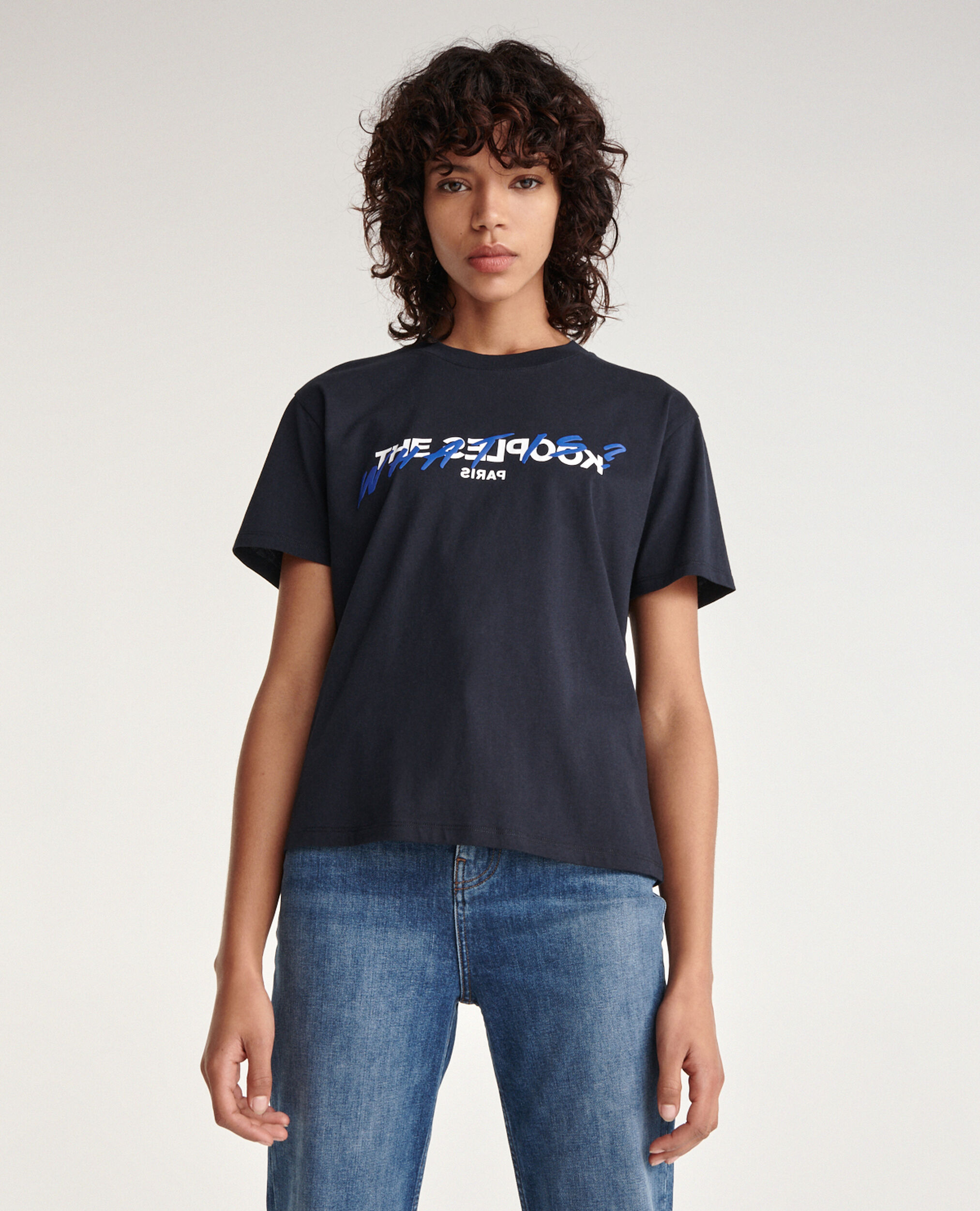 T-shirt marine coton imprimé what is, NAVY, hi-res image number null