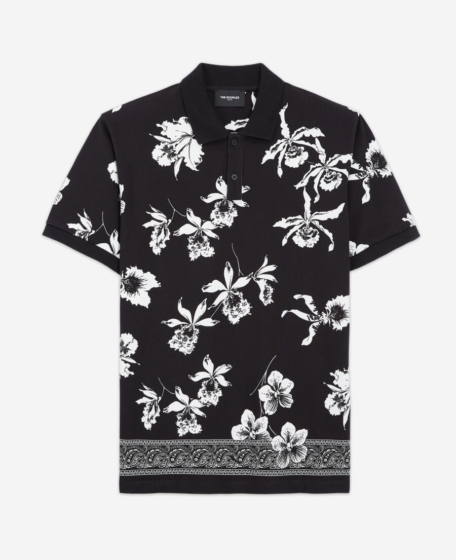 casual black and white polo with floral print