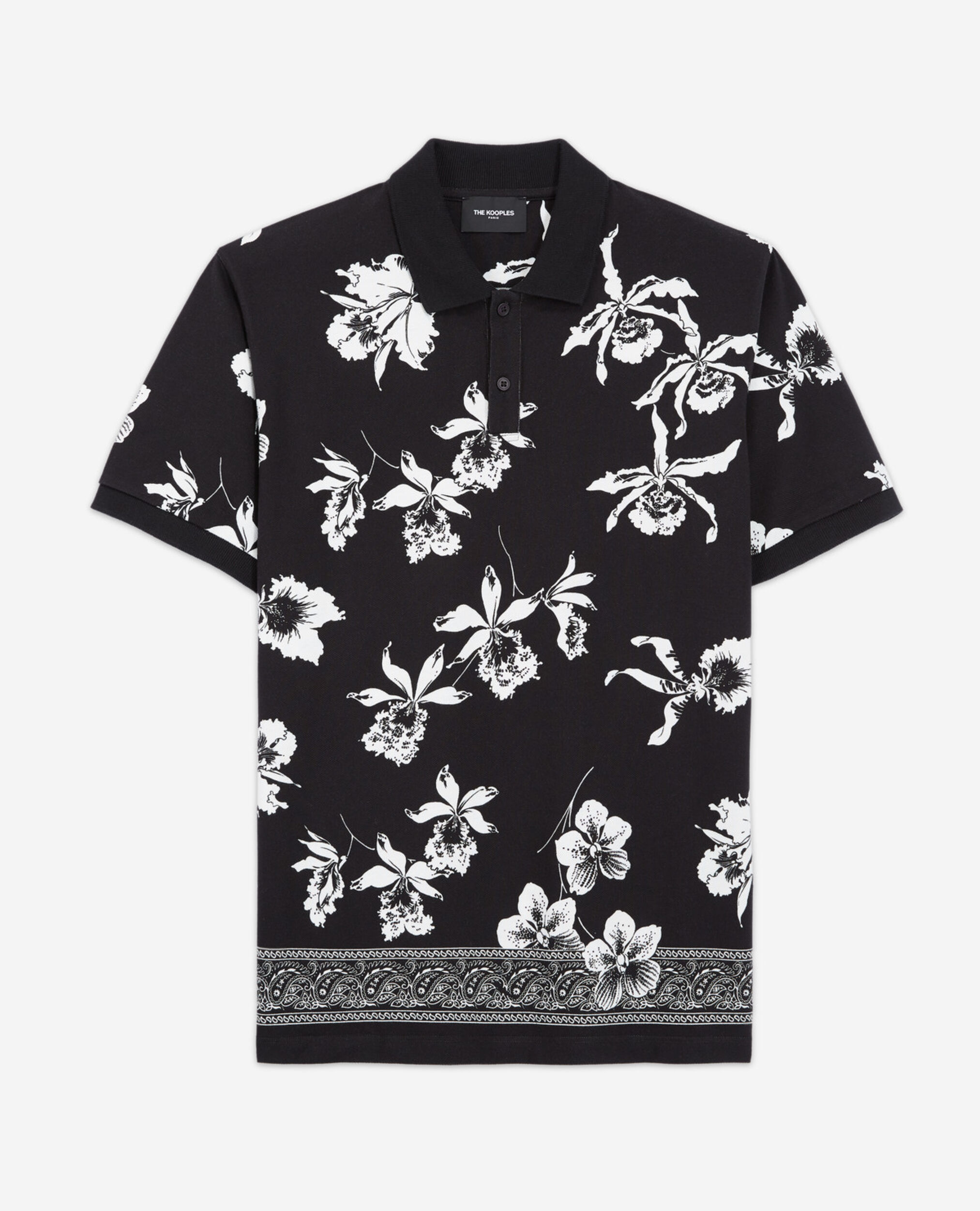 Schwarz-weißes Poloshirt mit Blumenprint, BLACK-ECRU, hi-res image number null