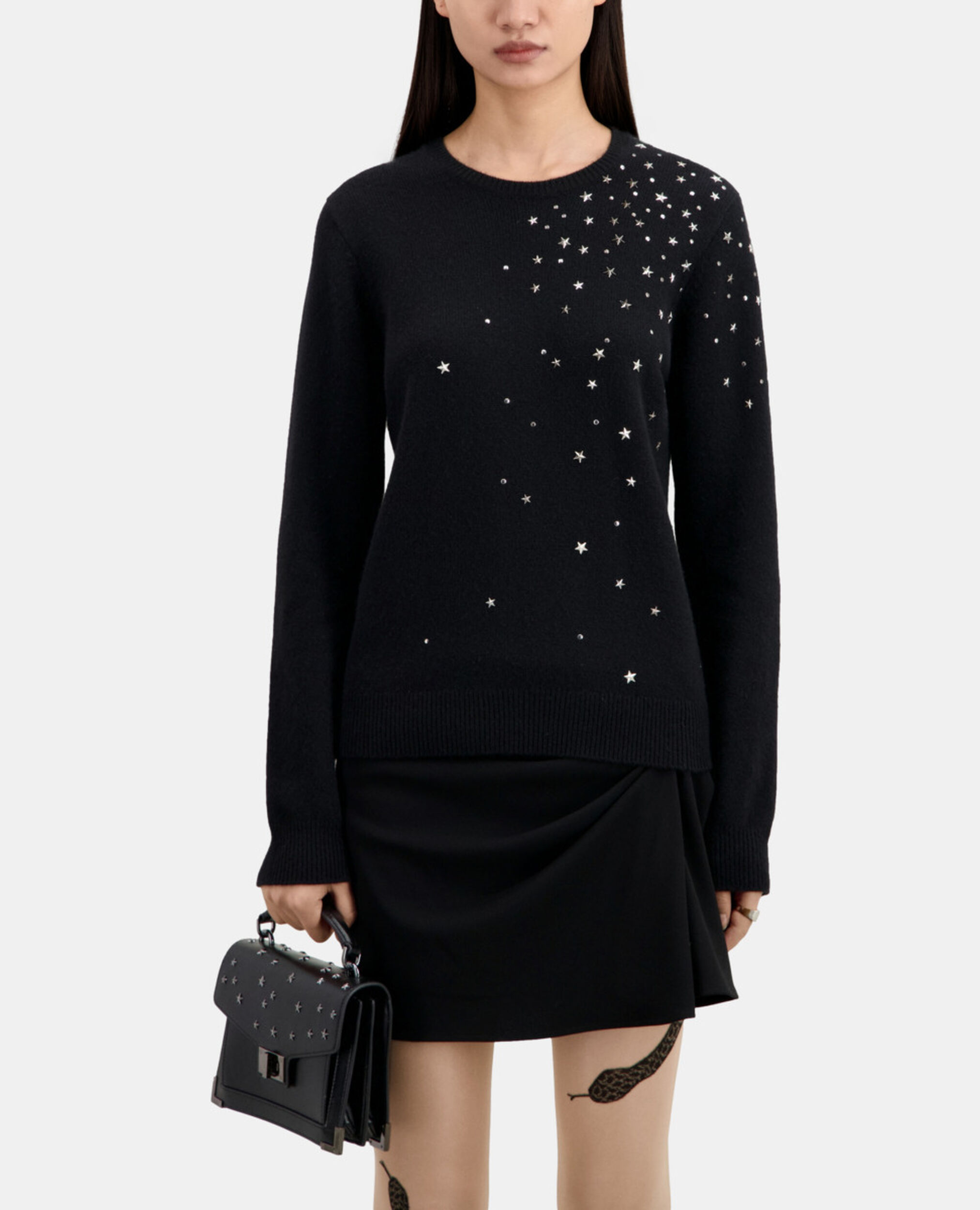 Pull noir en mélange de cachemire avec étoiles, BLACK, hi-res image number null