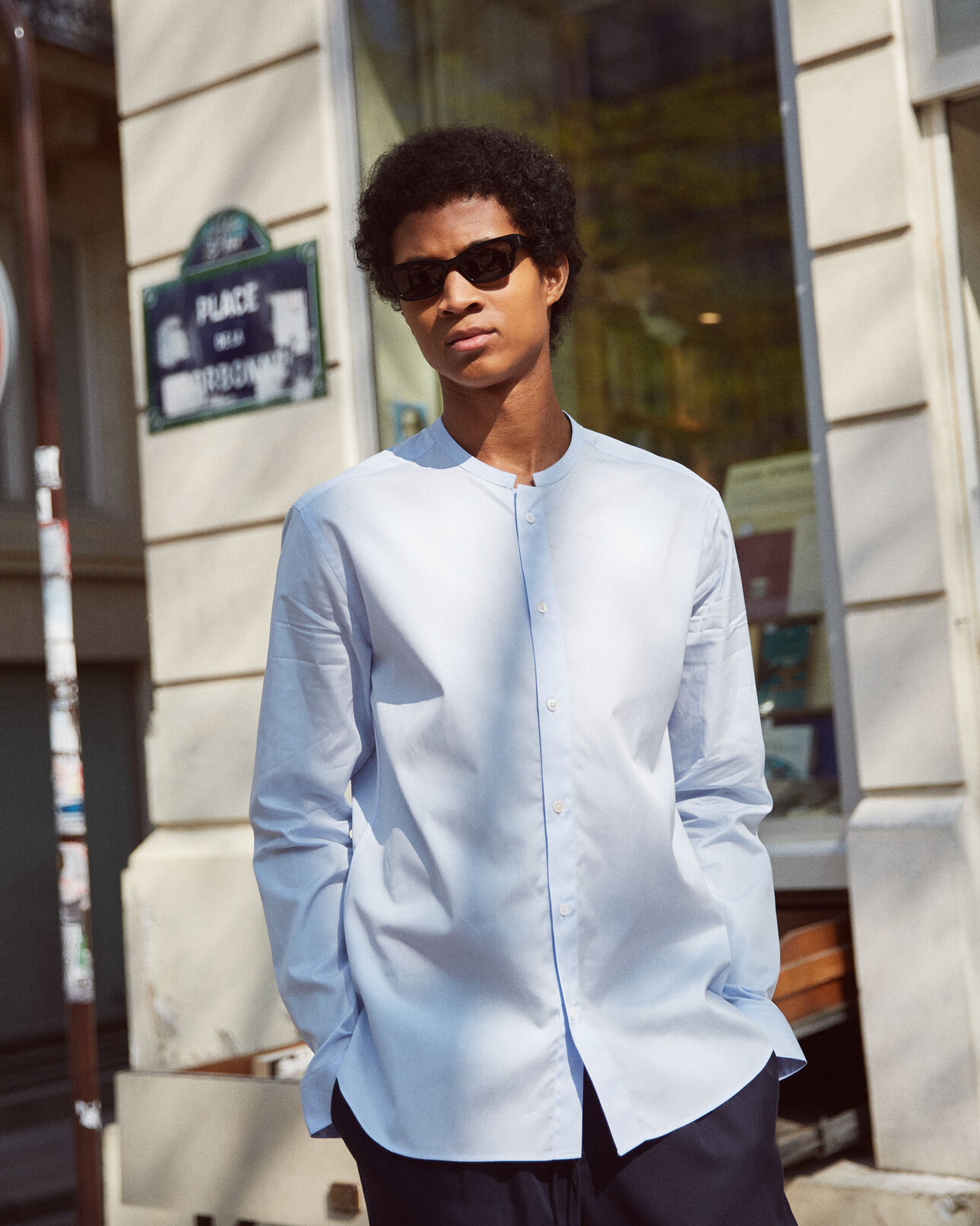 The Kooples MEN SKY collarless, wide-fitting, sky blue cotton shirt