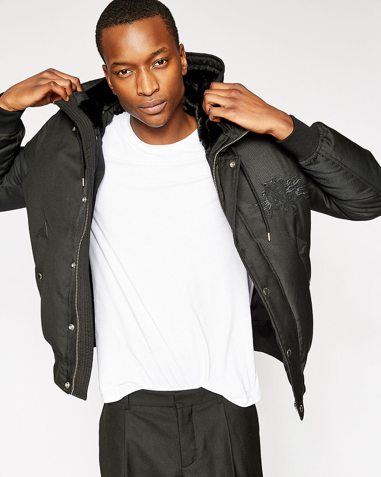 The Kooples HERREN BLACK schwarze daunenjacke mit wildleder- und ledereinsätzen