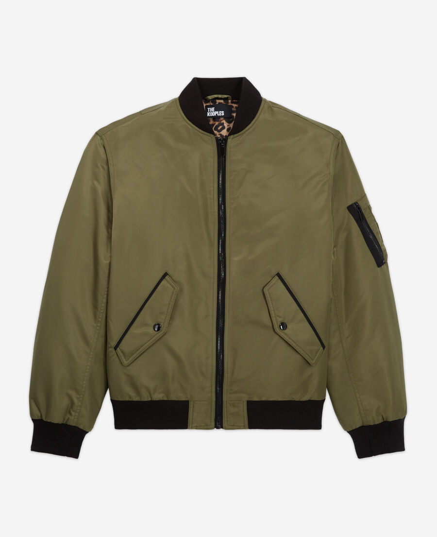 khaki bomber jacket with leopard lining