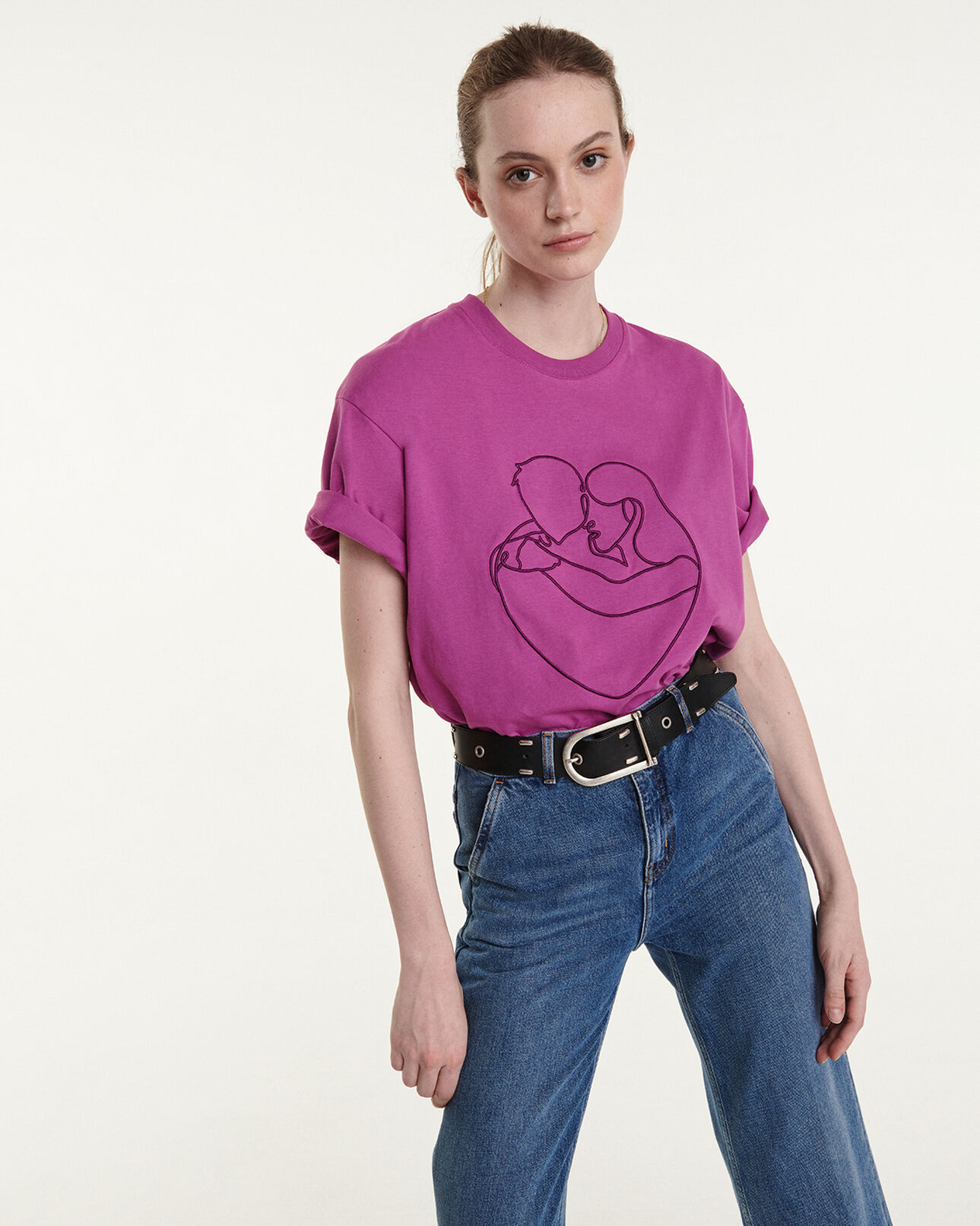 The Kooples HOMME PURPLE t-shirt rose coton brodé ton sur ton