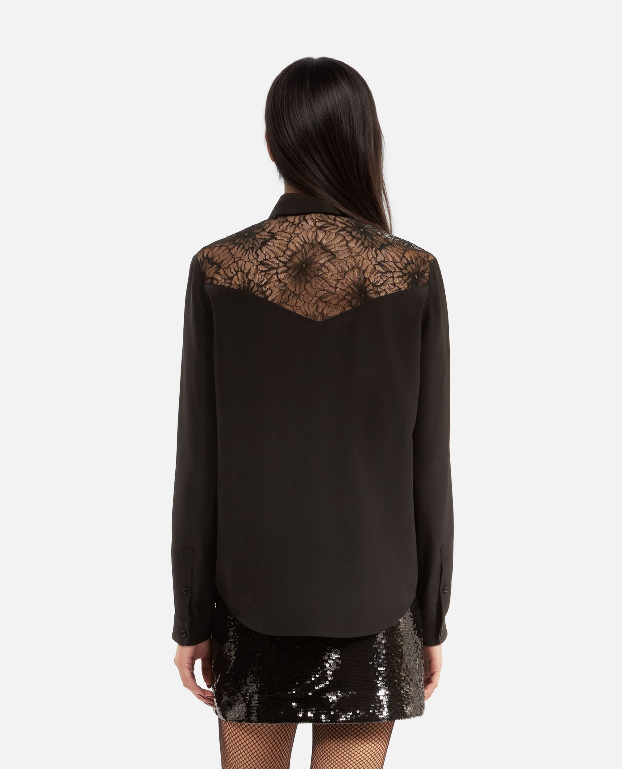 Silk shirt with black lace, BLACK, hi-res image number null