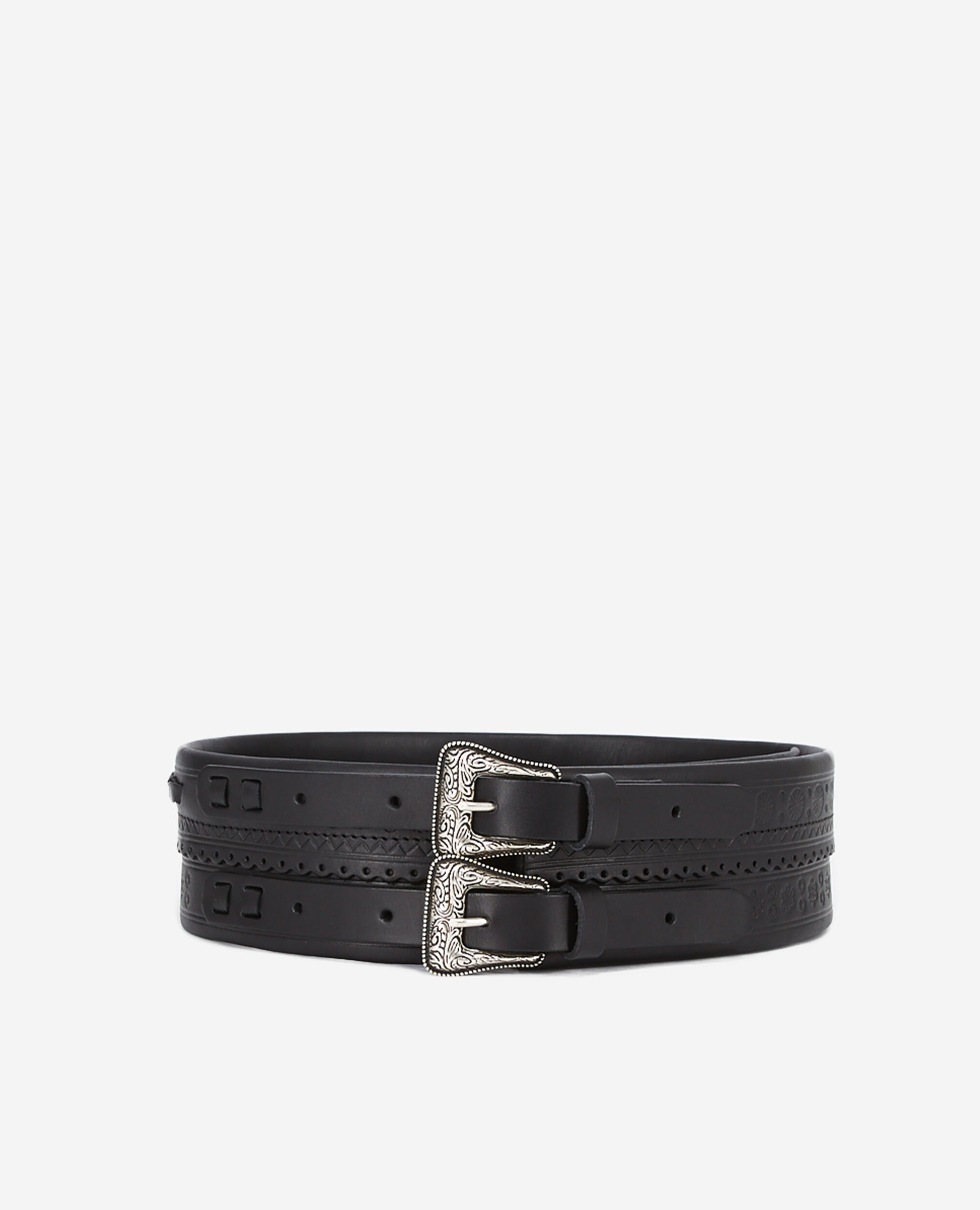 Wide black leather belt with double buckle, BLACK, hi-res image number null