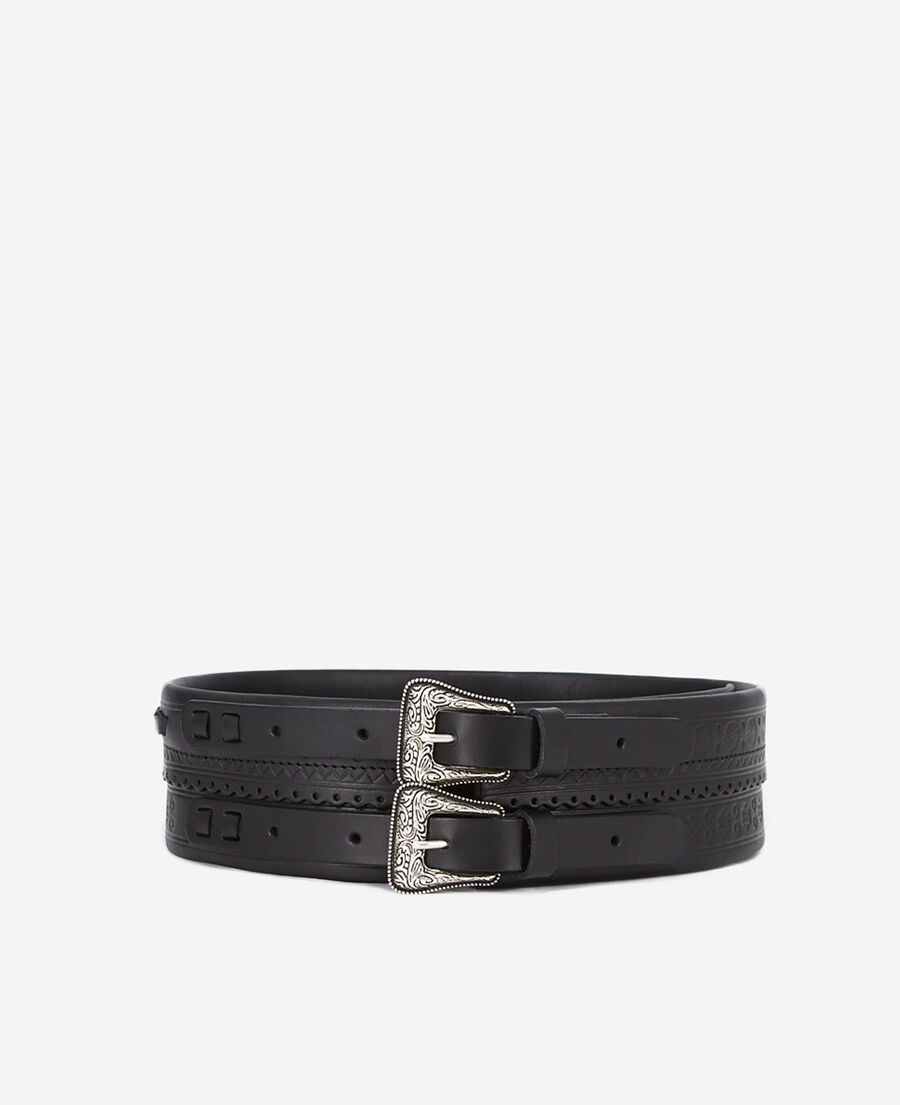 wide black leather belt with double buckle